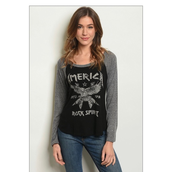 ⭐️AMERICA ROCK SPIRIT BLACK & GRAY BASEBALL TOP - Picture 2 of 3